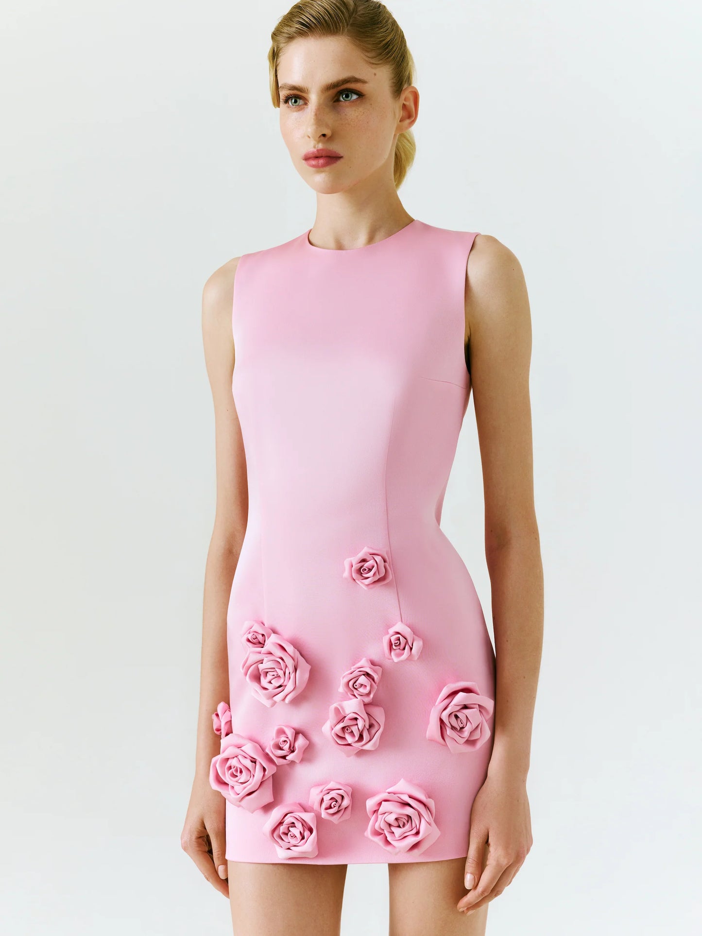 Rose-Appliqué Round Neck Cady Mini Dress