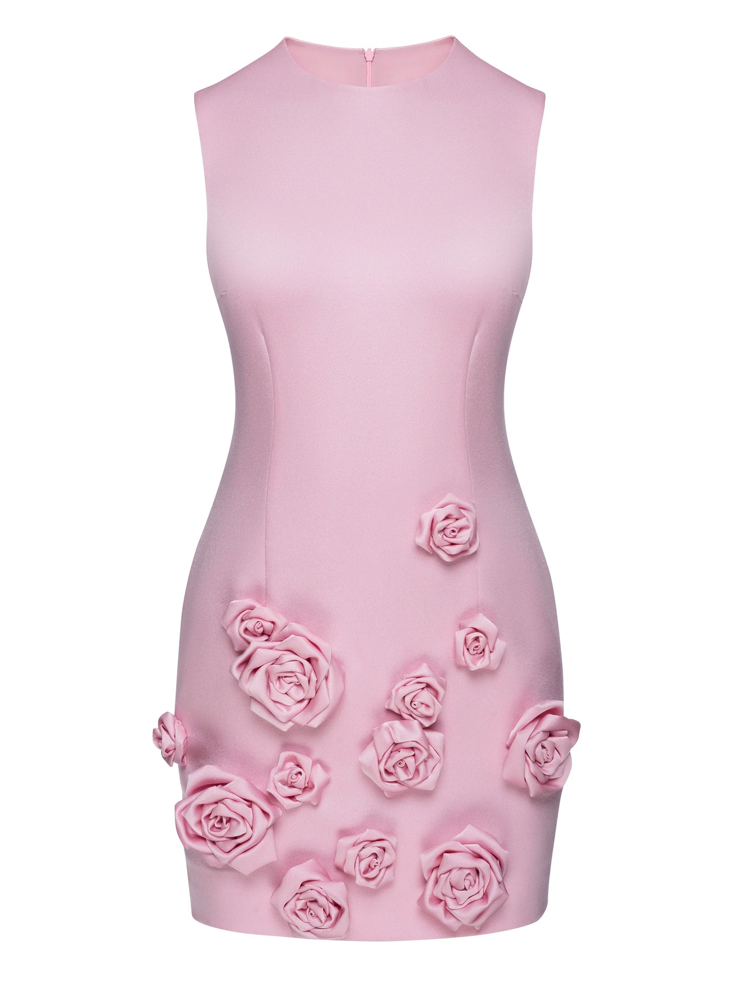 Rose-Appliqué Round Neck Cady Mini Dress