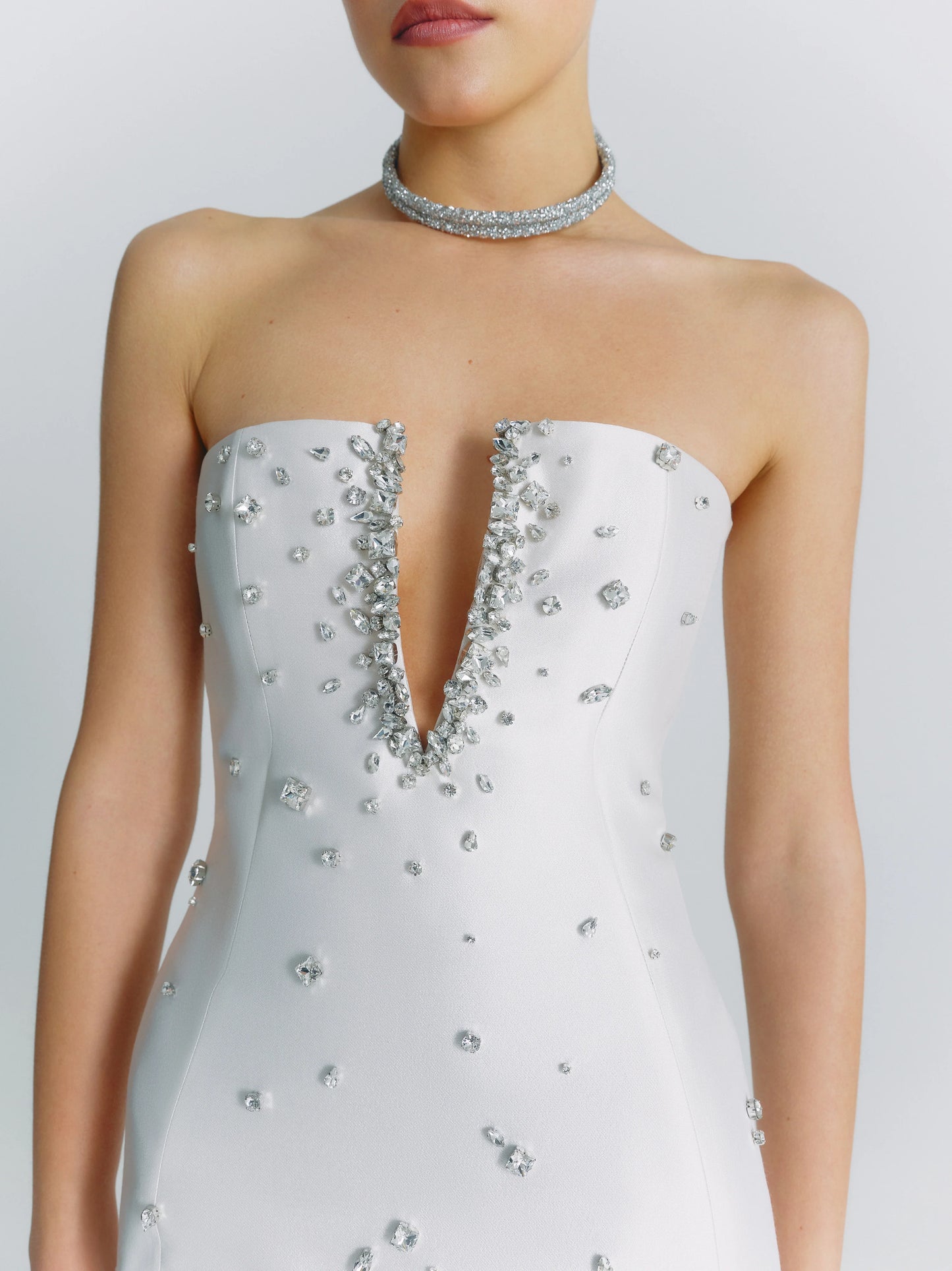 Crystal Plunge Neckline Strapless Mini Dress