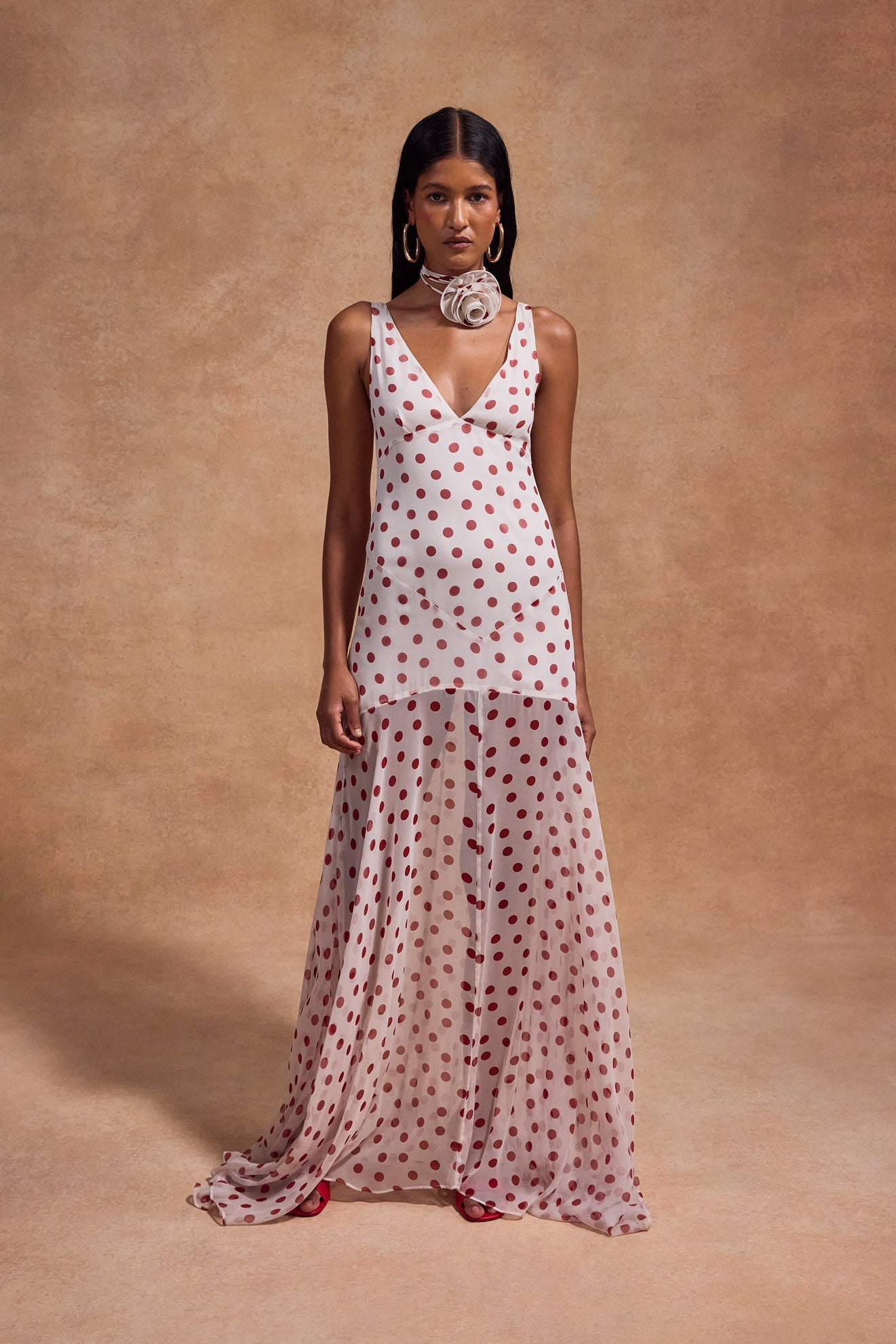 Katja Maxi Dress in Ivory Red Polka Dot Silk Chiffon