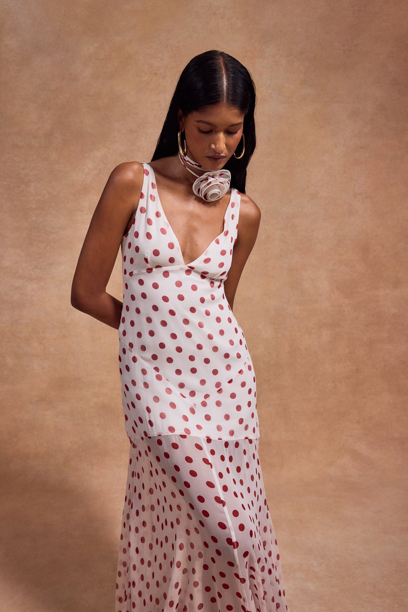 Katja Maxi Dress in Ivory Red Polka Dot Silk Chiffon