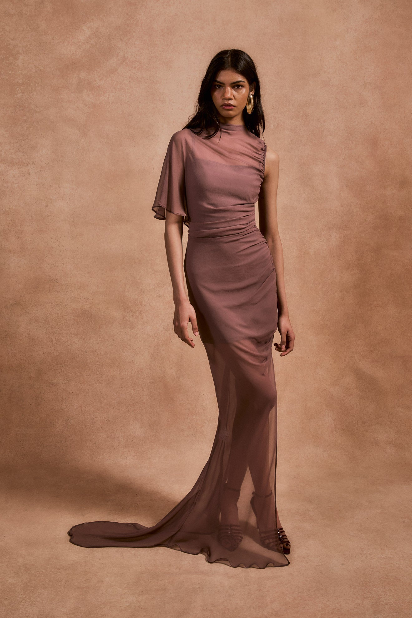 Lucho Maxi Dress in Ash Brown Silk Chiffon