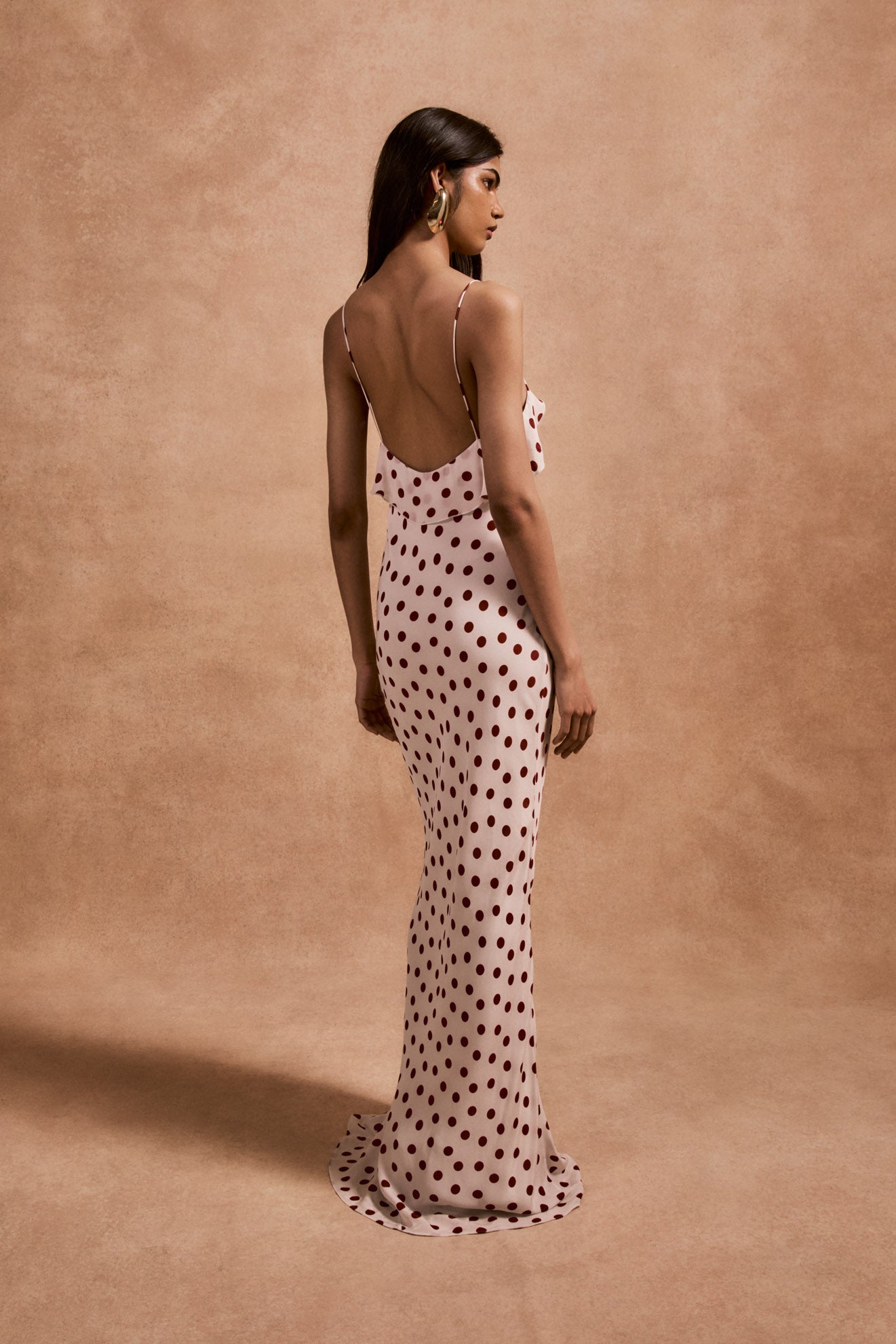 Esperanza Long Dress in Ivory Red Polka Dot Crepe de Chine