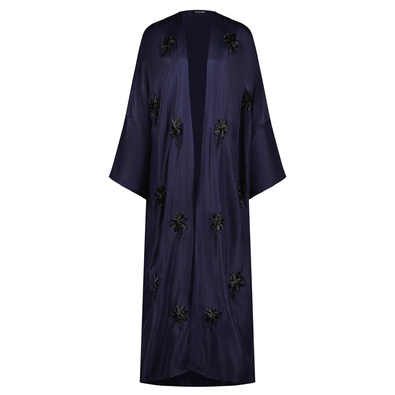 Navy Blue Kaftan with Black Palm Trees
