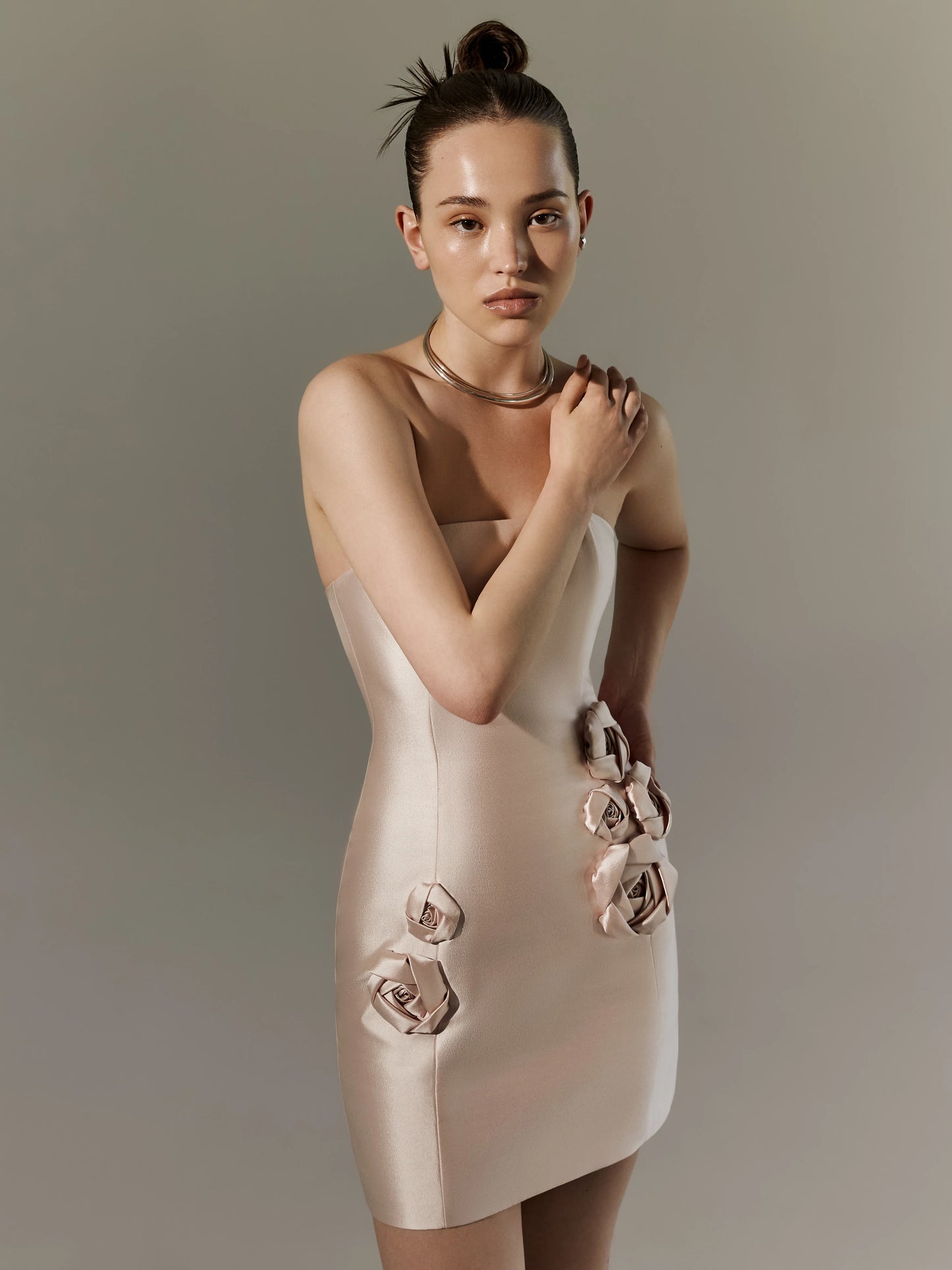 Strapless Mini Dress with Handcrafted 3D Floral Appliqué