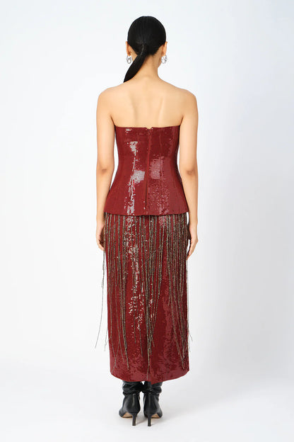 Burgundy Handcrafted Fringe Skirt