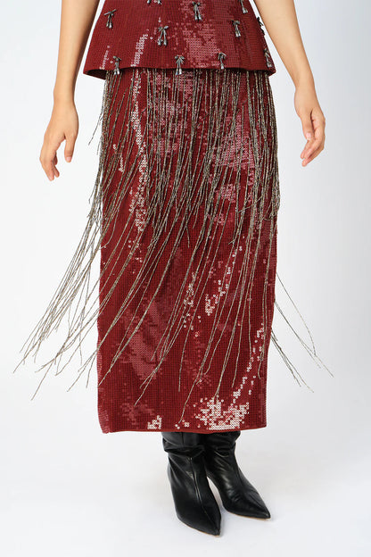 Burgundy Handcrafted Fringe Skirt