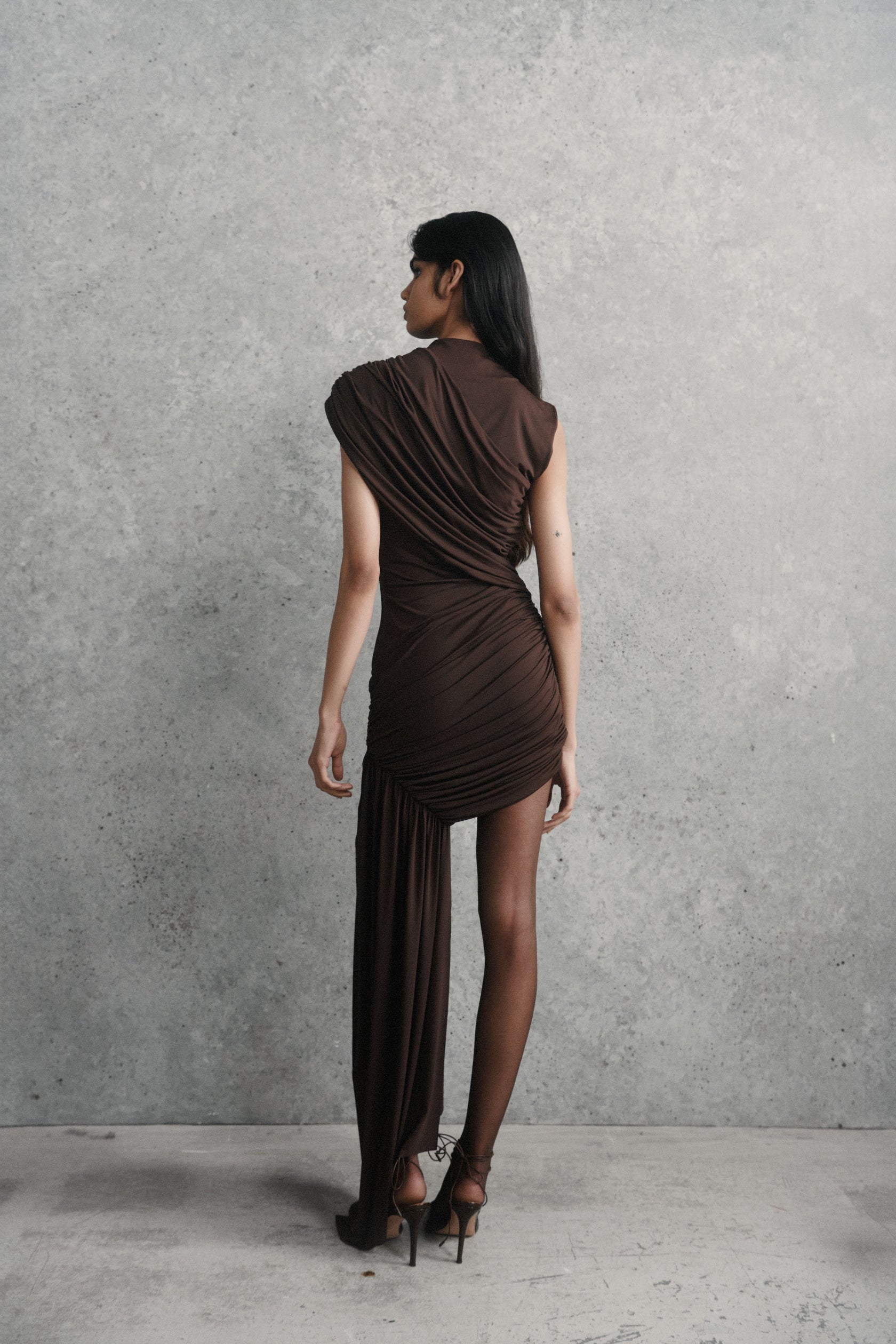 ravenna mini dress in chocolate brown jersey De La Vali Ravenna Draped Jersey Mini Dress