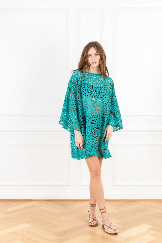 Emerald Abstract Lace Mini Tie Back Dress