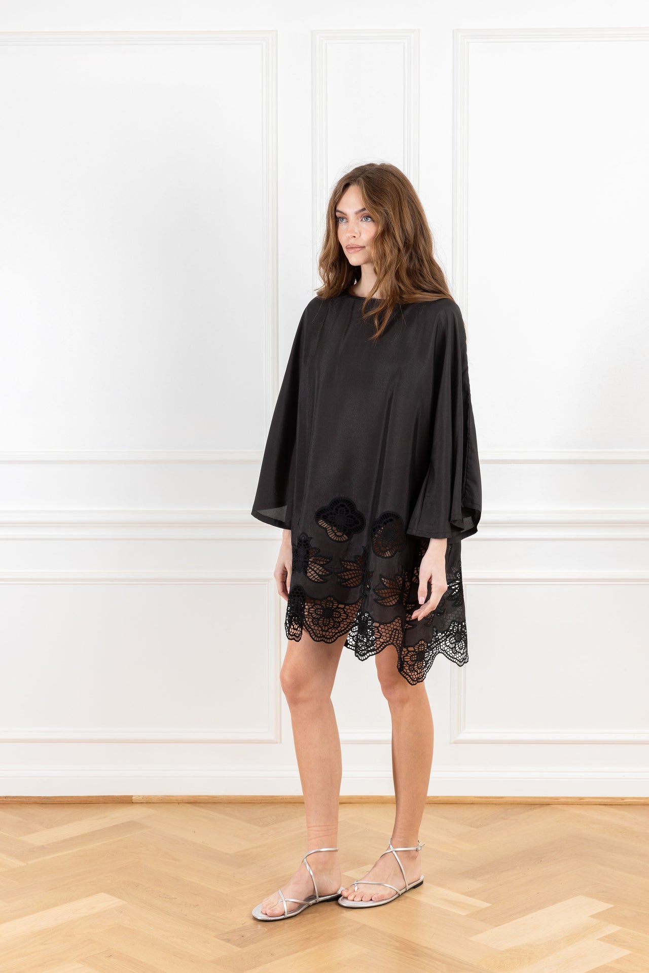 Black Lace Trim Mini Tie Back Dress