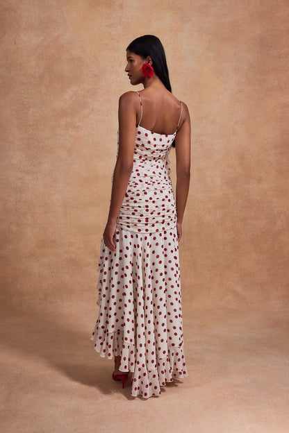 ROSADO MAXI DRESS POLY CHIFFON GATHERED BODICE AND FLOWER TRIM