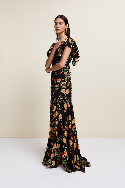 Sevillia Maxi Dress - Black/Red Flor de Amor Crepe