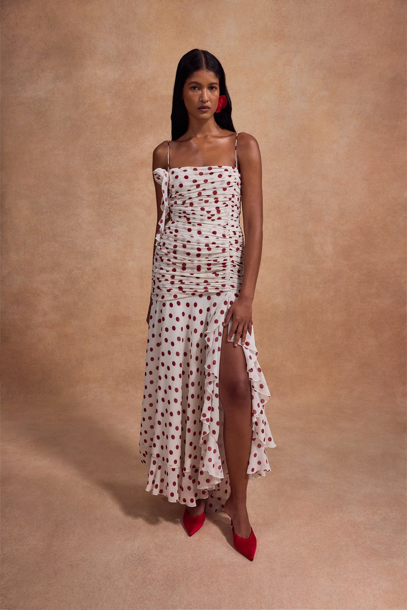 ROSADO MAXI DRESS POLY CHIFFON GATHERED BODICE AND FLOWER TRIM