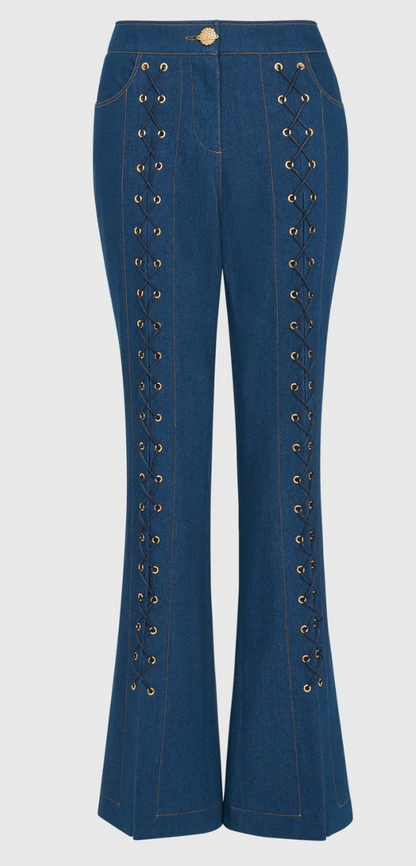 Lace-Up Luna Blue Denim Flared Trousers