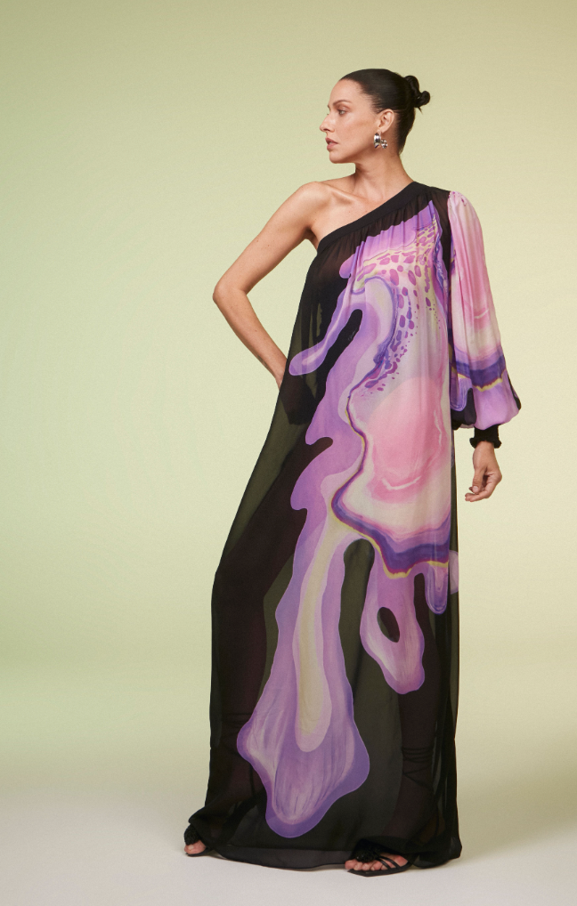 VESTIDO UMA MANGA -  FLORAL BLACK ONE SLEEVE DRESS