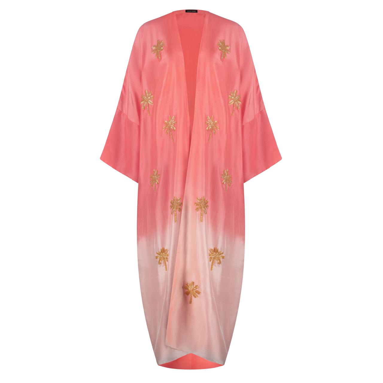 Dark Coral Ombre Abaya with Gold Palm Trees