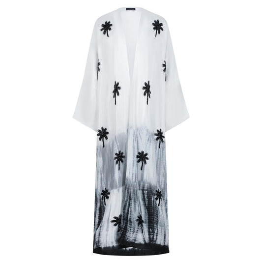 White and Grey Tie Dye Abaya with Black Palm Trees