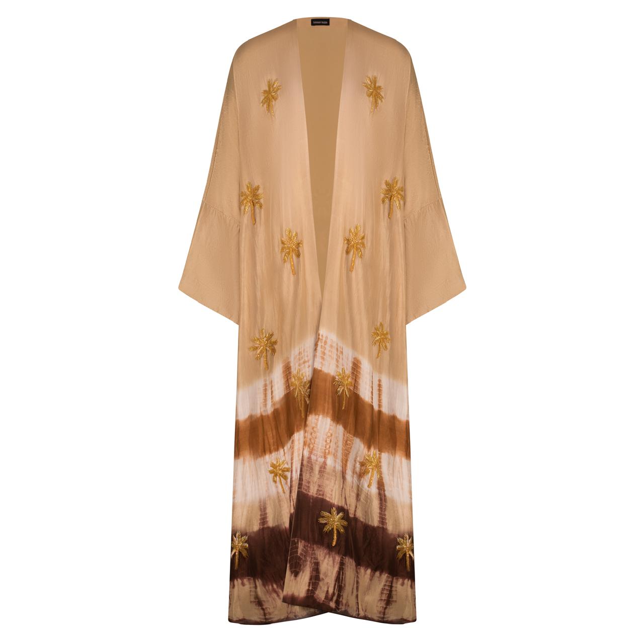 Sand Tie-Dye Abaya with Palm Tree Embellishment