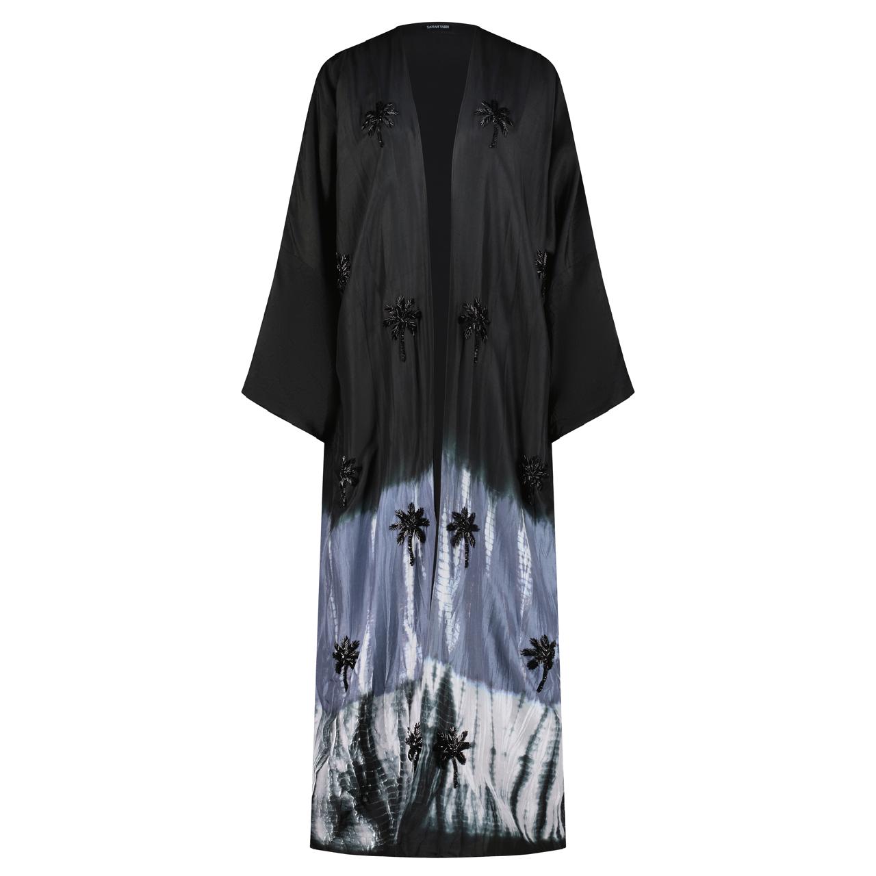 Black and Grey Tie-Dye Abaya with Palm Tree Embellishments